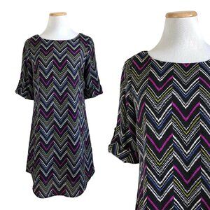 Lilly Rose Dress Zig Zag Print Black Magenta Print Elbow Sleeves Short Size XS